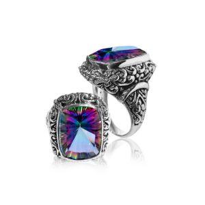 Sterling silver Woman ring with cushion-cut Mystic Topaz Quartz and Balinese carvings – wholesale jewelry