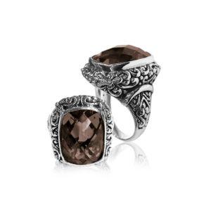Sterling silver men’s ring with cushion-cut Smoky Quartz and Balinese carvings – wholesale jewelry