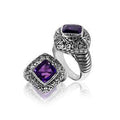 Sterling silver Woman ring with cushion-cut Amethyst Quartz and Balinese carvings.