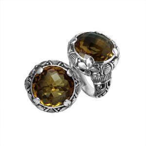 Sterling silver ring with round Citrine Quartz and Balinese floral carving design.