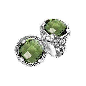 Sterling silver ring with round Green Amethyst Quartz and Balinese floral carvings.