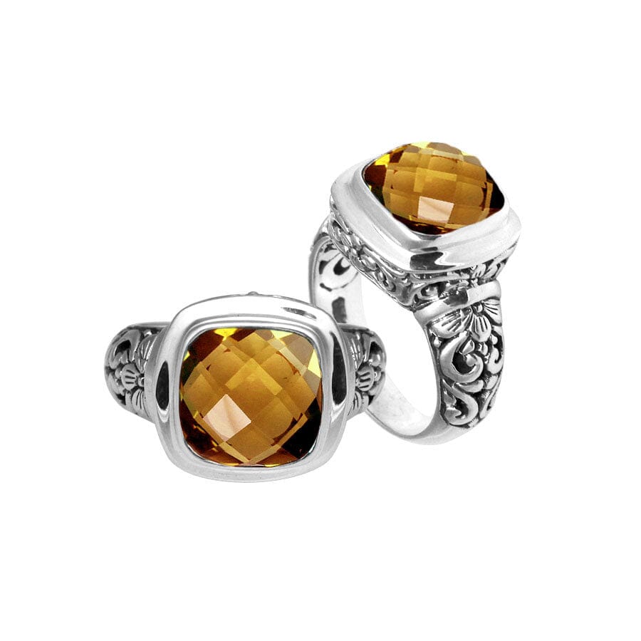 Sterling silver ring with cushion-cut Citrine Quartz and Balinese carvings.