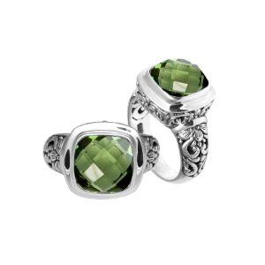 Sterling silver ring with cushion-cut Green Amethyst Quartz and Balinese scroll carvings.