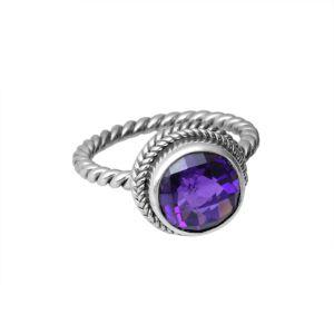 Sterling silver ring with a round Amethyst Quartz and rope-style band design.