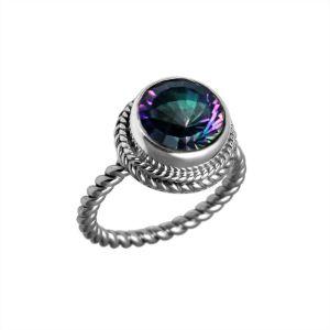 Sterling silver ring with a round Mystic Topaz Quartz and rope-style band design. 