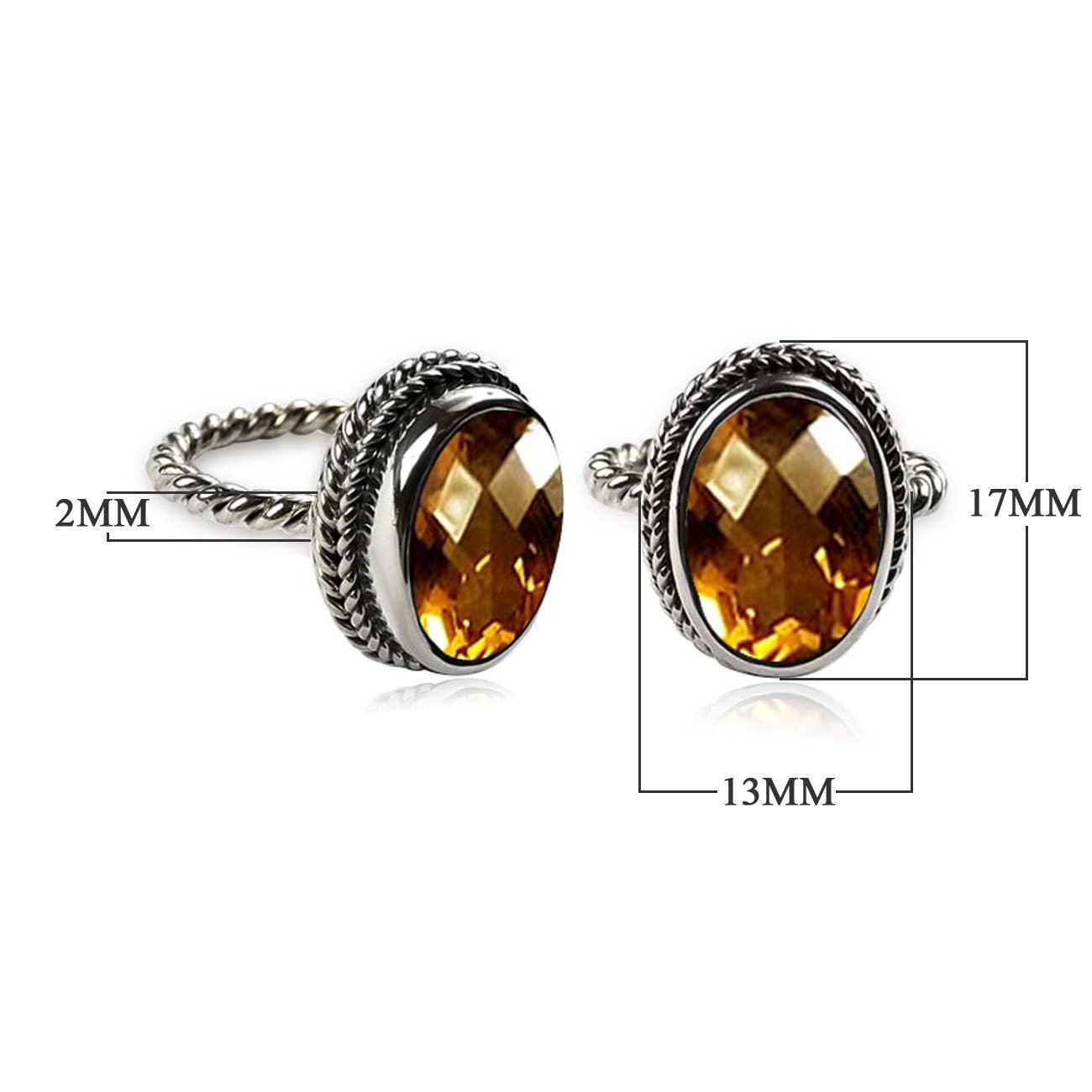 Sterling silver oval Citrine Quartz ring with faceted stone and rope bezel, wholesale jewelry from Indonesia.