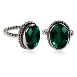 Sterling silver oval Green Quartz ring with faceted Quartz and rope bezel, wholesale jewelry from Indonesia.