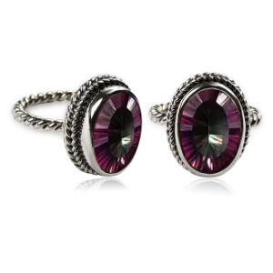 Sterling silver oval Mystic Quartz ring with multicolored faceted Quartz and rope bezel, wholesale jewelry from Indonesia.