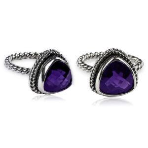Sterling silver trillion Amethyst Quartz ring with faceted purple Quartz and rope bezel, wholesale jewelry from Indonesia.
