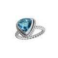 Sterling silver trillion Blue Topaz Quartz ring with faceted Blue Quartz and rope bezel, wholesale jewelry from Indonesia.