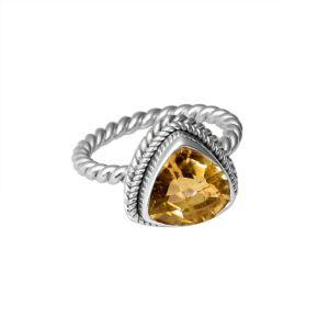 Sterling silver trillion Citrine Quartz ring with faceted Yellow Quartz and rope bezel, wholesale jewelry from Indonesia.