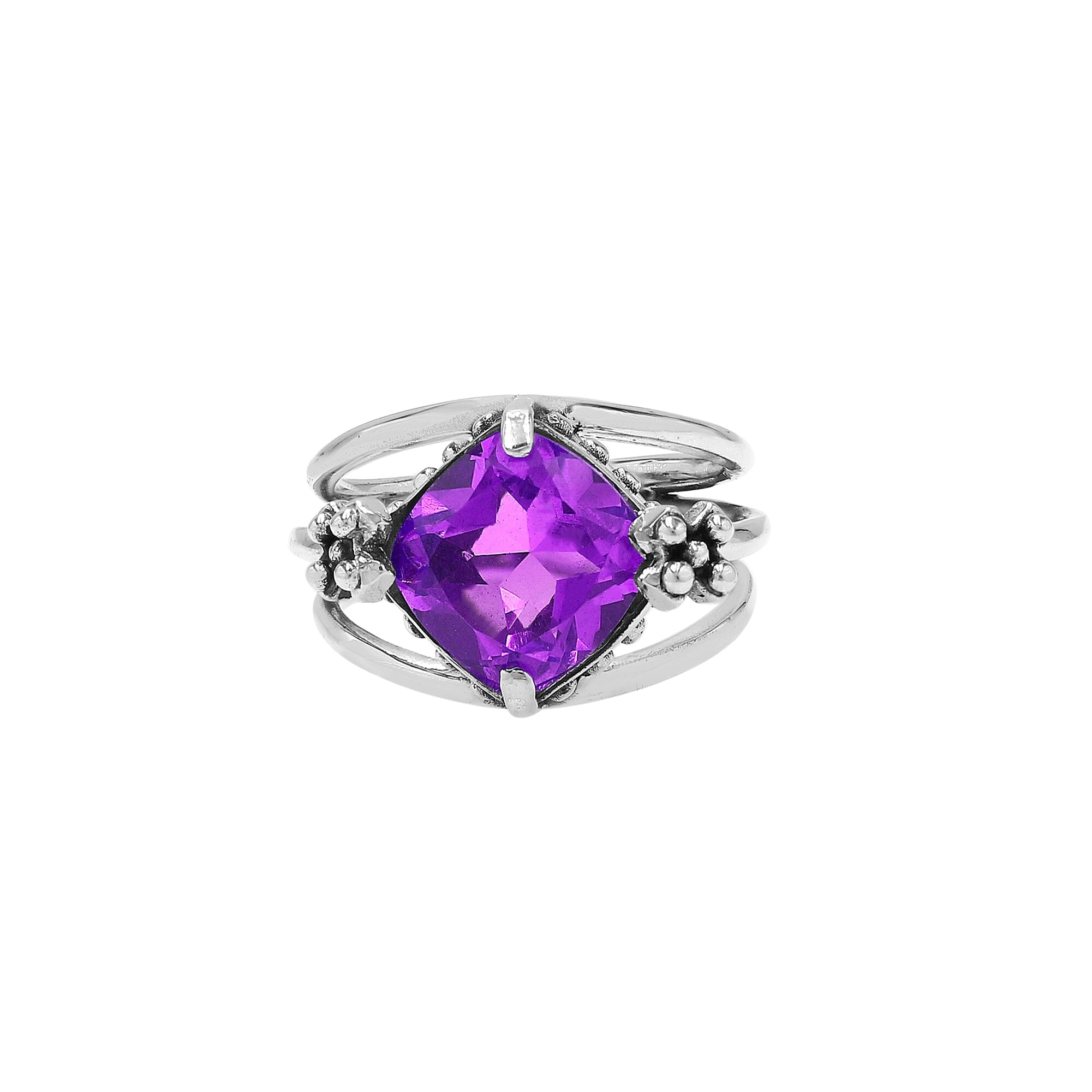 Wholesale 925 sterling silver ring with cushion-cut Amethyst Quartz and floral accents, handcrafted in Bali.