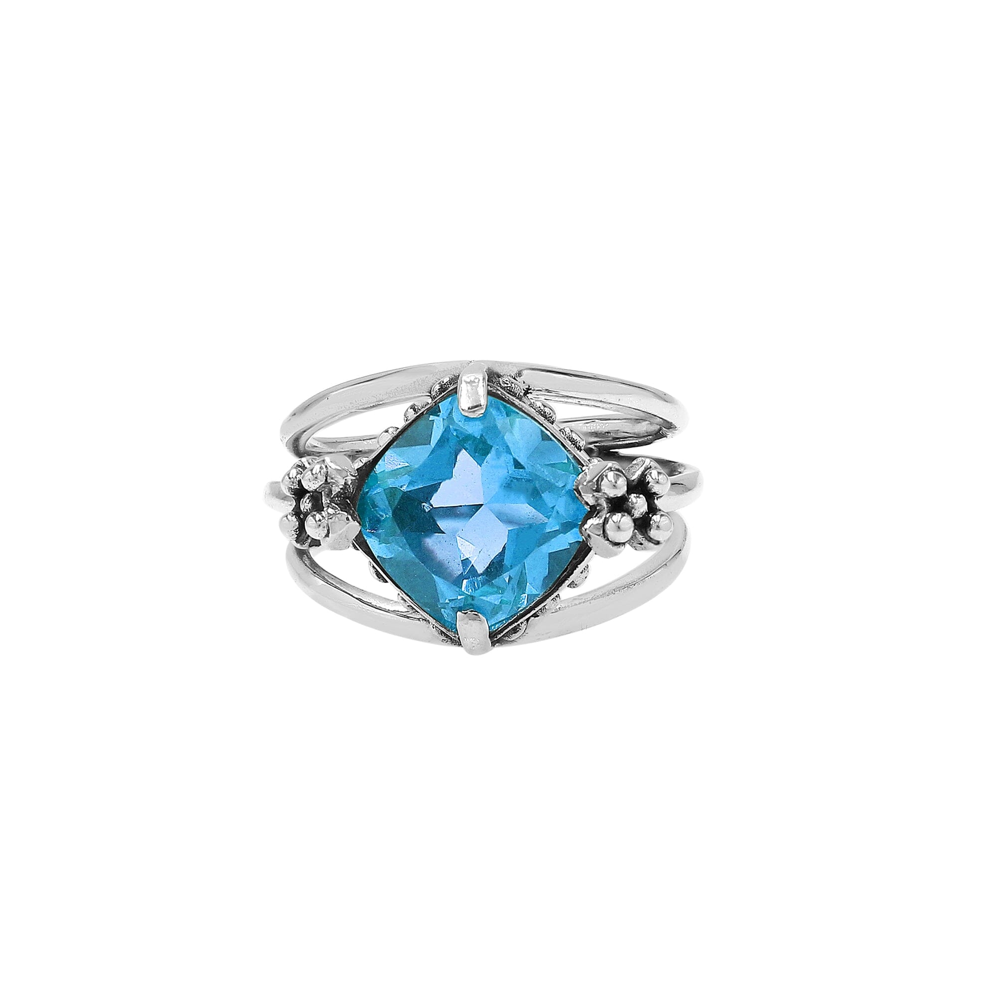 Wholesale 925 sterling silver ring with cushion-cut Blue Quartz and floral accents, handcrafted in Bali.