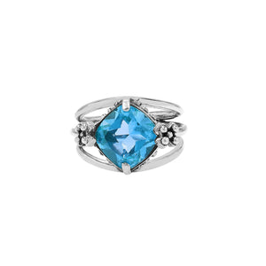 Wholesale 925 sterling silver ring with cushion-cut Blue Quartz and floral accents, handcrafted in Bali.