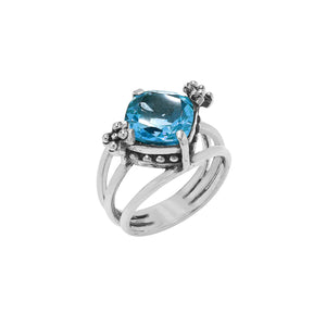 Wholesale 925 sterling silver ring with cushion-cut Blue Quartz and floral accents, handcrafted in Bali.