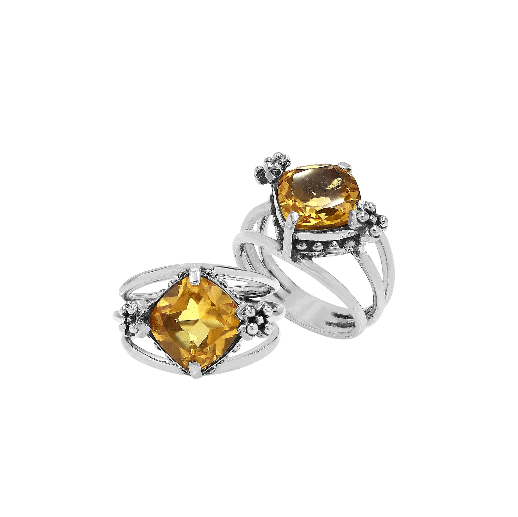Wholesale 925 sterling silver ring with cushion-cut Citrine Quartz and floral accents, handcrafted in Bali.