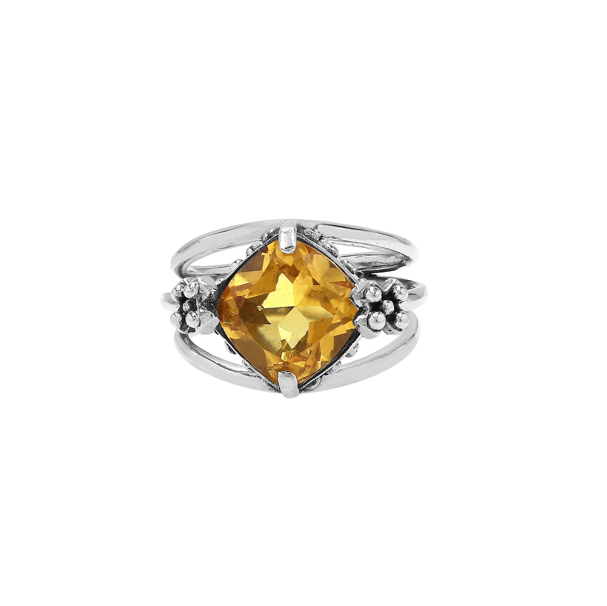 Wholesale 925 sterling silver ring with cushion-cut Citrine Quartz and floral accents, handcrafted in Bali.