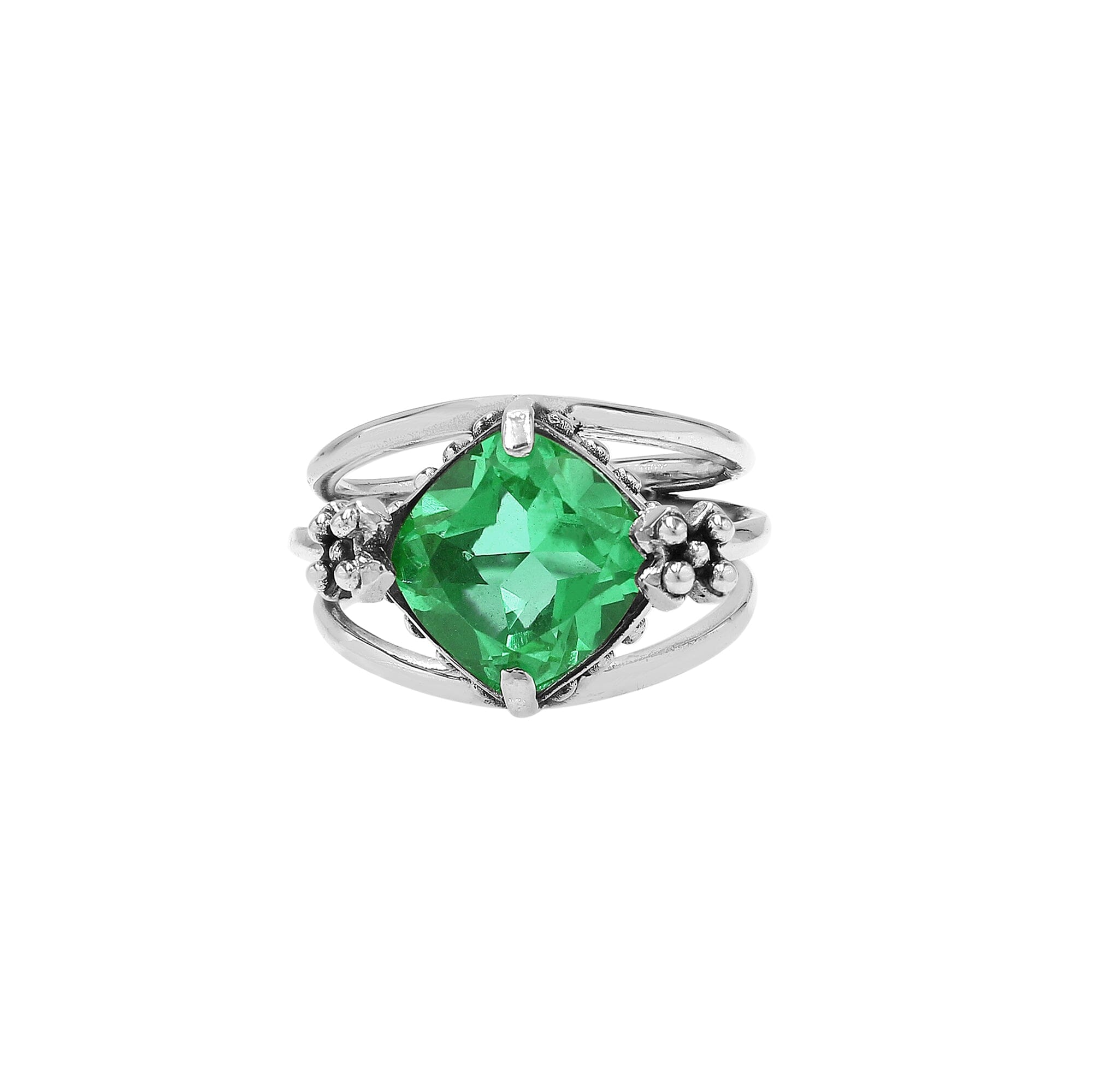 Wholesale 925 sterling silver ring with cushion-cut green quartz and floral accents, handcrafted in Bali.