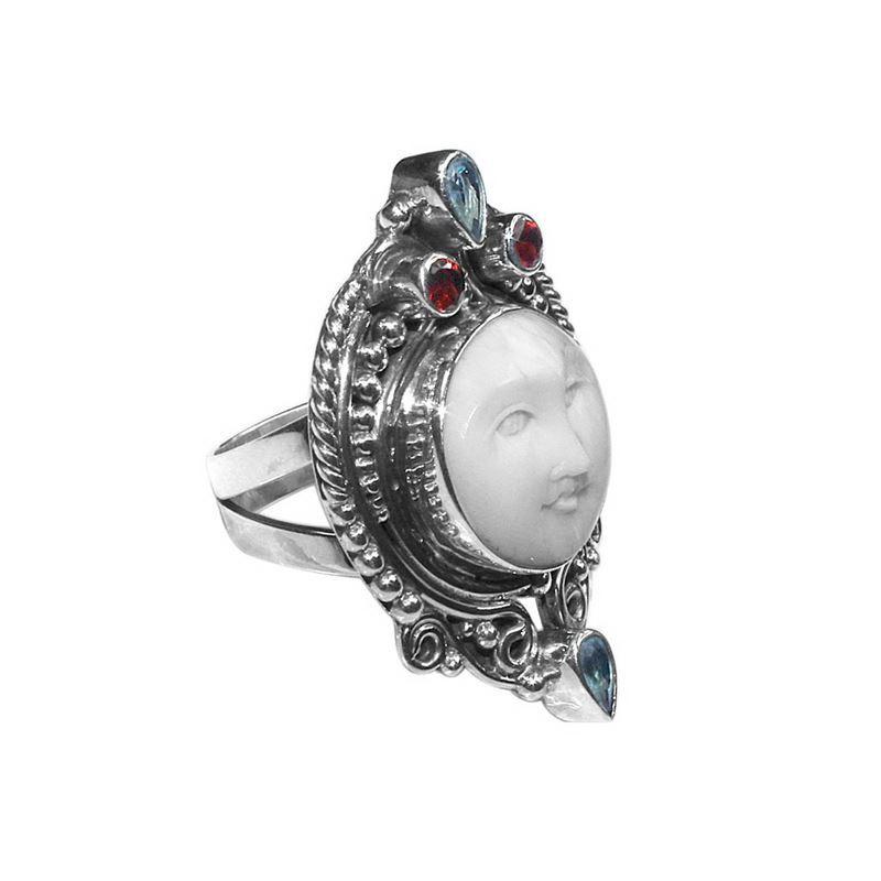 AR-6095-CO1-6" Sterling Silver Ring With Bone Face, Garnet Q. & Blue Topaz Q. Jewelry Bali Designs Inc 