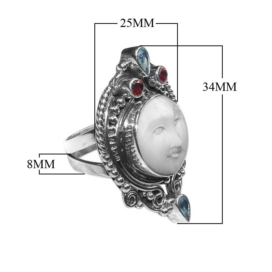 AR-6095-CO1-7" Sterling Silver Ring With Bone Face, Garnet Q. & Blue Topaz Q. Jewelry Bali Designs Inc 