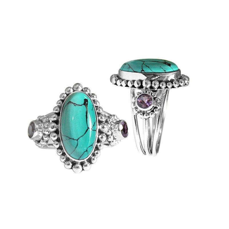 AR-6099-CO1-6" Sterling Silver Ring With Turquoise & Amethyst Q. Jewelry Bali Designs Inc 