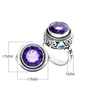 Wholesale sterling silver ring with round-cut Amethyst Quartz & Blue Topaz Quartz, rope bezel, swirl silverwork, and accent stones, handcrafted in Bali.