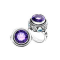 Wholesale sterling silver ring with round-cut Amethyst Quartz & Blue Topaz Quartz, rope bezel, swirl silverwork, and accent stones, handcrafted in Bali.