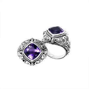 Wholesale sterling silver cushion-cut Amethyst Quartz ring with ornate scrollwork and rope bezel, handcrafted in Bali.