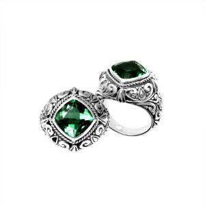 Wholesale sterling silver ring with cushion-cut Green Quartz and ornate scrollwork, handcrafted in Bali.