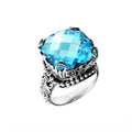 Wholesale sterling silver ring with cushion-cut Blue Topaz Quartz, filigree band, and bead detailing, handcrafted in Bali.
