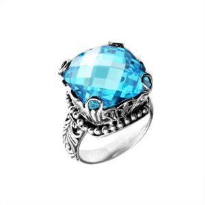 Wholesale sterling silver ring with cushion-cut Blue Topaz Quartz, filigree band, and bead detailing, handcrafted in Bali.