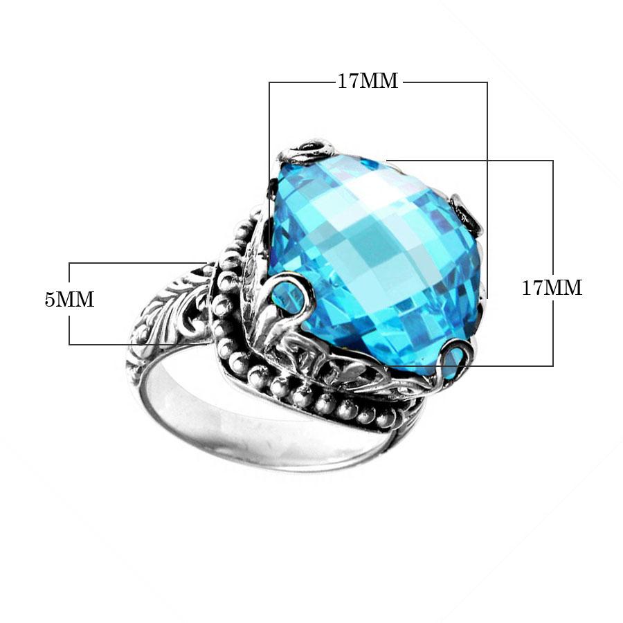 Wholesale sterling silver ring with cushion-cut Blue Topaz Quartz, filigree band, and bead detailing, handcrafted in Bali.