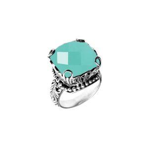 Wholesale sterling silver ring with cushion-cut Green Chalcedony Quartz, filigree band, and bead detailing, handcrafted in Bali.