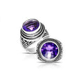 Sterling silver Balinese bold ring with round Amethyst Quartz and rope scroll design, handcrafted in Bali.
