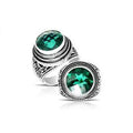 Sterling silver handcrafted Bali ring with round Green Quartz and rope scroll detailing.