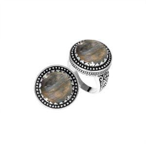 Sterling silver Labradorite ring with beaded halo and Balinese carvings handcrafted in Bali.
