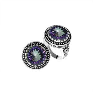 Sterling silver handcrafted Bali ring with round Mystic Quartz and beaded halo design.