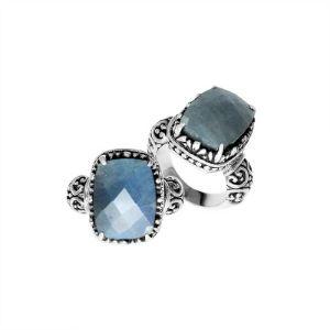Sterling silver Labradorite cushion-cut ring with Balinese scrollwork handcrafted in Bali.