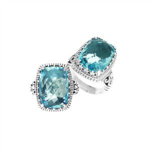 Wholesale sterling silver ring with cushion-cut Blue Topaz Quartz and Balinese detailing, handcrafted in Bali.