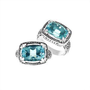 Wholesale sterling silver ring with cushion-cut Blue Topaz Quartz and Balinese detailing, handcrafted in Bali.