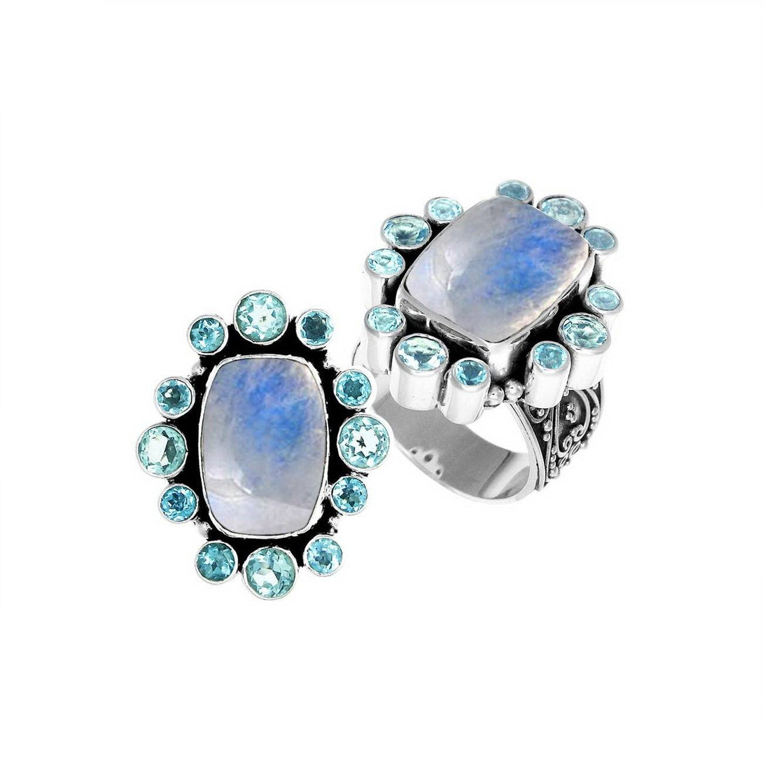AR-6143-CO2-6" Sterling Silver Ring With Rainbow Moonstone & Blue Topaz Jewelry Bali Designs Inc 