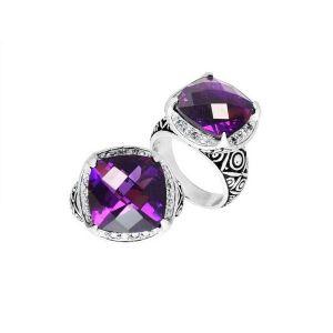 Wholesale sterling silver ring with cushion-cut Amethyst Quartz and Balinese carvings, handcrafted in Bali.