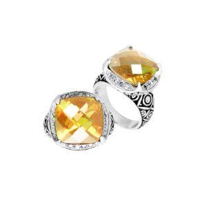 Wholesale sterling silver ring with cushion-cut Lemon Quartz and Balinese carvings, handcrafted in Bali.