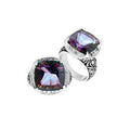 Wholesale sterling silver ring with cushion-cut Mystic Quartz in Multicolor tones and Balinese carvings.