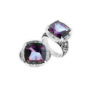 Wholesale sterling silver ring with cushion-cut Mystic Quartz in Multicolor tones and Balinese carvings.