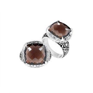 Wholesale sterling silver ring with cushion-cut Smoky Topaz Quartz and Balinese carvings, handcrafted in Bali.
