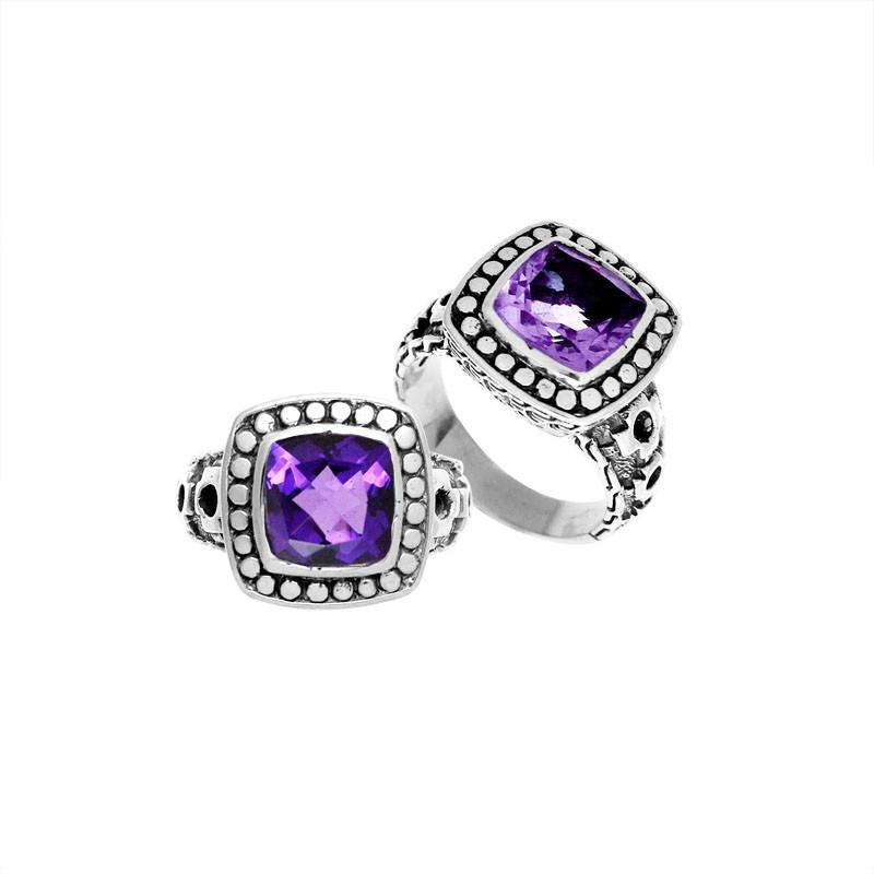 Wholesale sterling silver ring with cushion-cut Amethyst Quartz in a dotted bezel design.