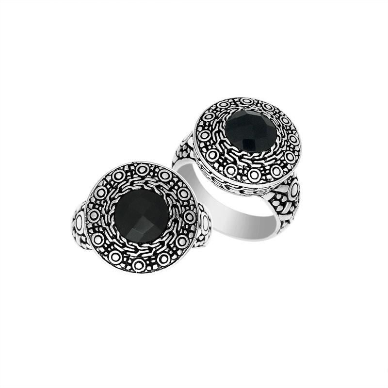 Wholesale sterling silver ring with round Black Onyx Quartz and engraved Balinese bezel.