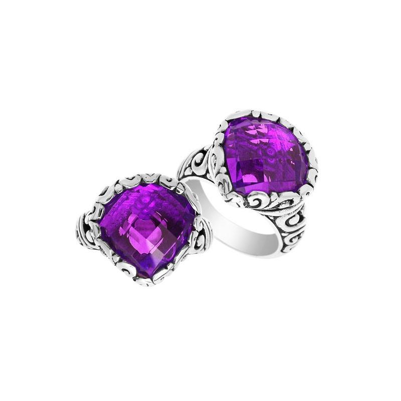 Wholesale sterling silver ring with Amethyst Quartz double stones and Balinese scroll design