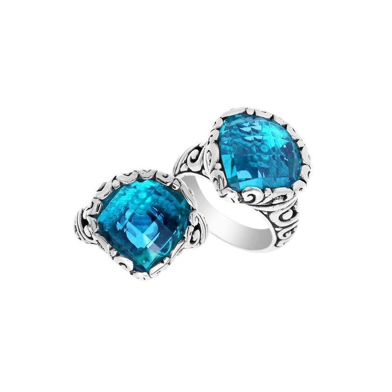 Wholesale sterling silver ring with Blue Topaz Quartz double stones and Balinese scroll design